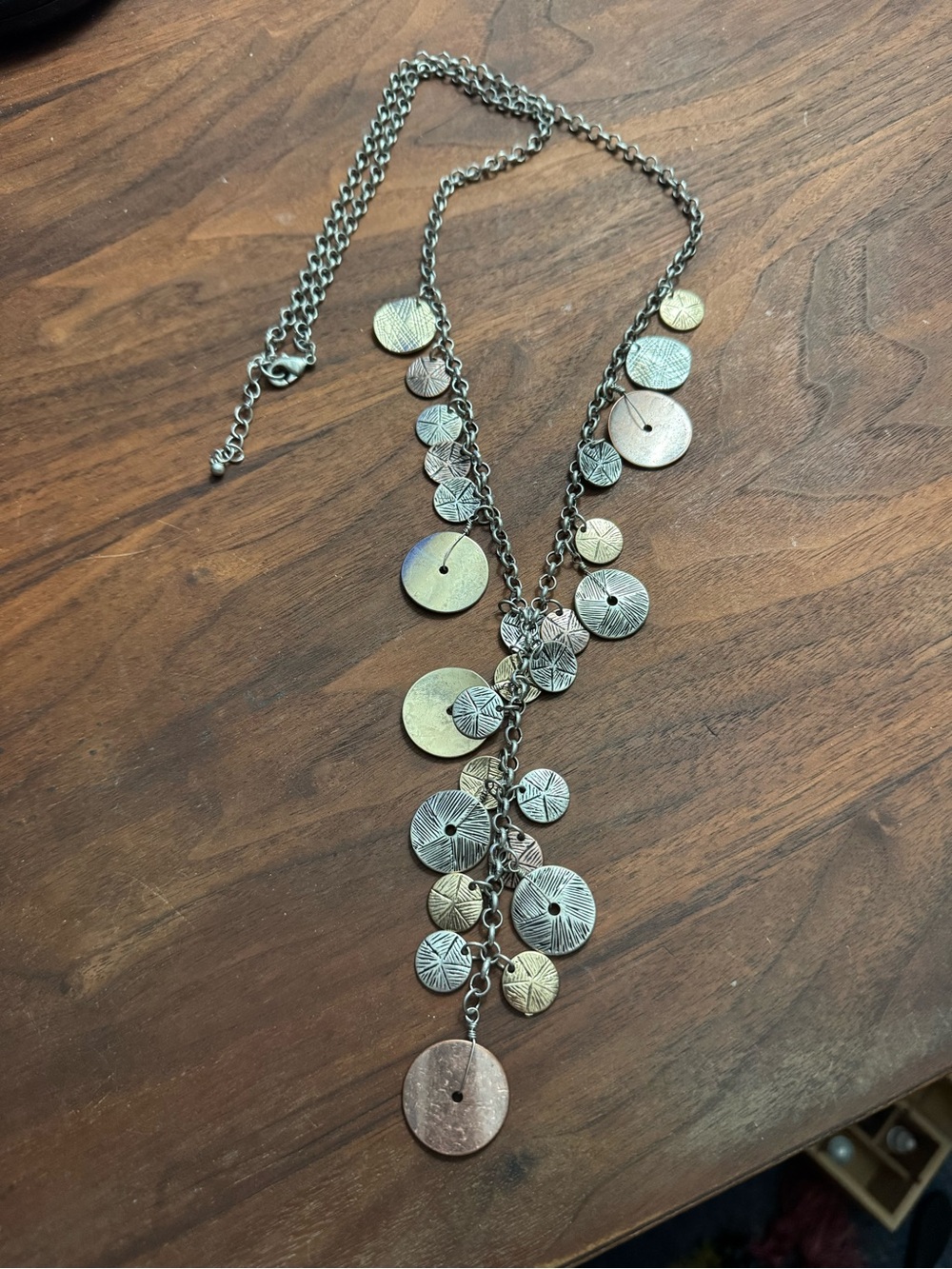 Mixed Metal Tri-toned Lariat Style Textured Dangle Disc Necklace *READ*